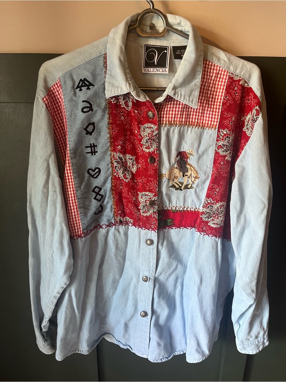 Women's Light Blue Denim Button-Down Shirt with Red Patchwork